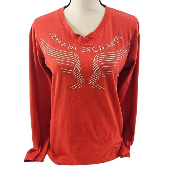 Armani Exchange A/X Women’s Size Small Red V-Neck Long Sleeve Cotton T-shirt - Picture 12 of 15